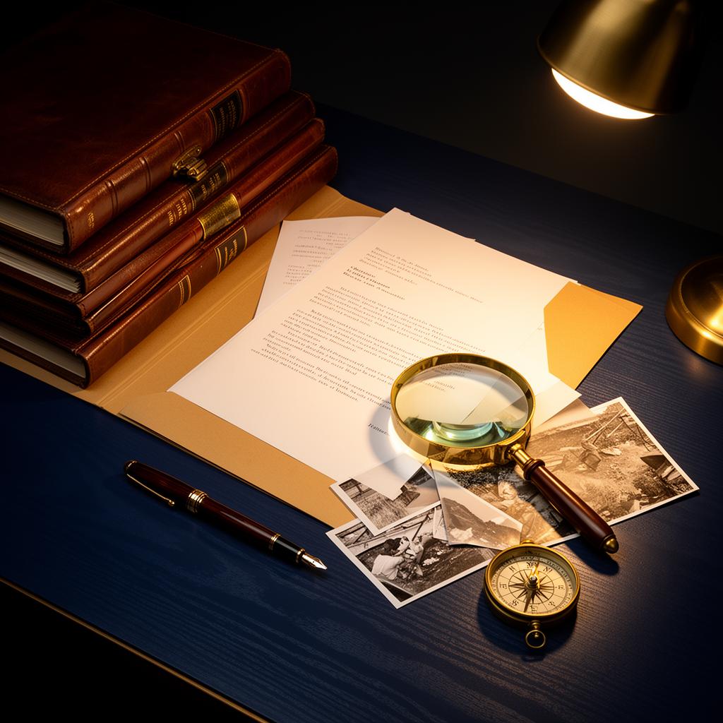 Investigator's desk with leather case files, magnifying glass, and legal documents