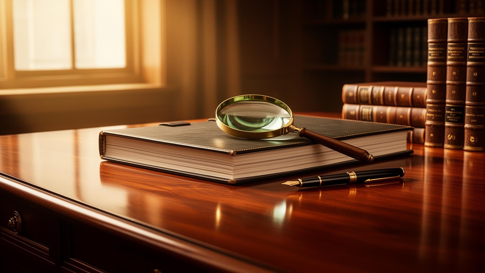 Investigator's desk with magnifying glass and law books