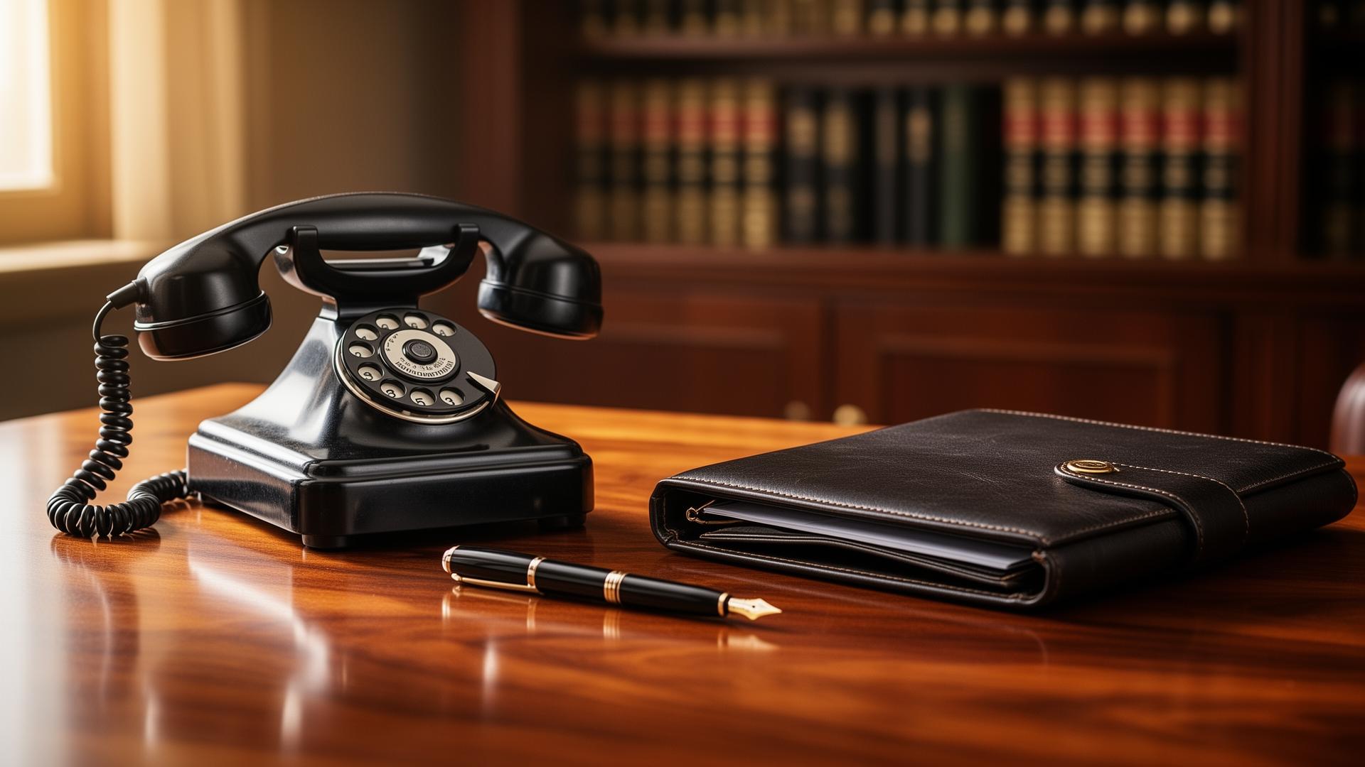 Vintage rotary telephone and leather portfolio on a law office desk