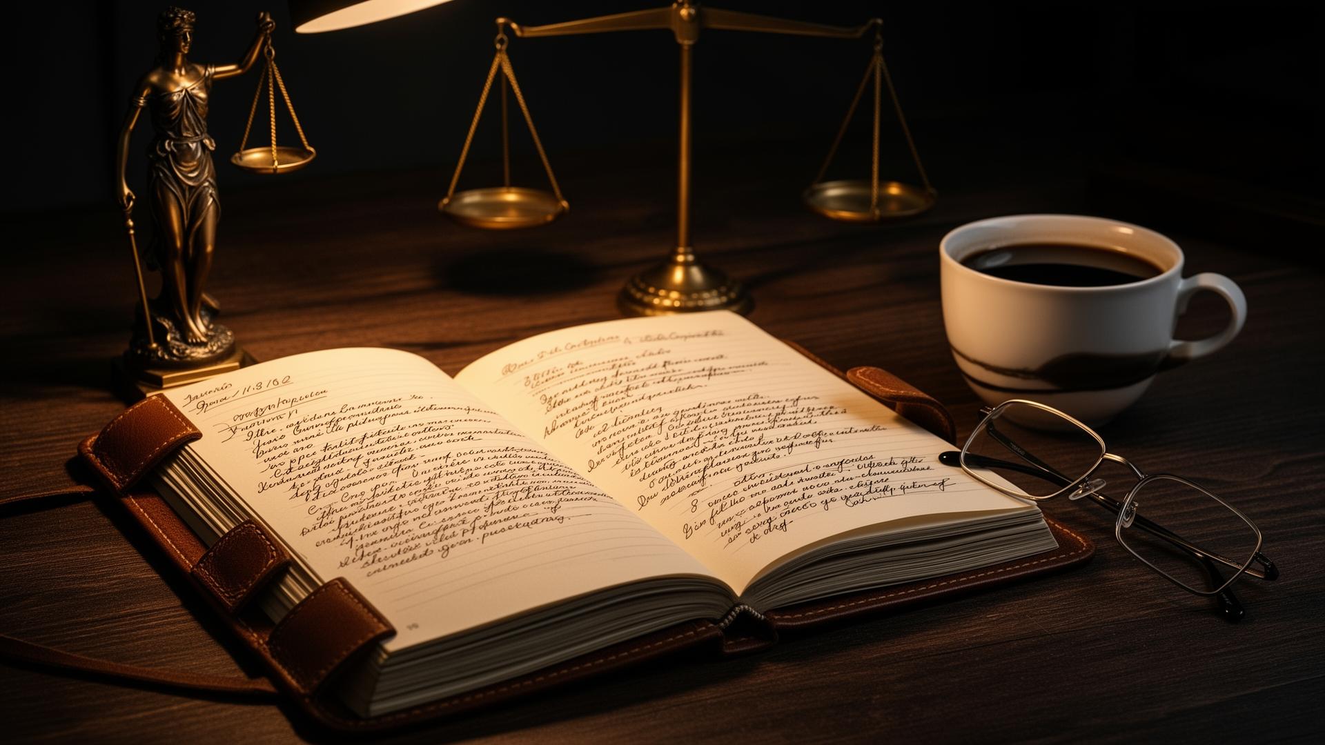 Open legal notebook with scales of justice and reading glasses