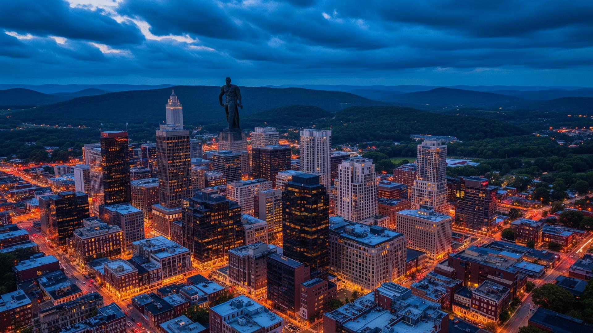 Aerial view of Birmingham Alabama skyline at dusk